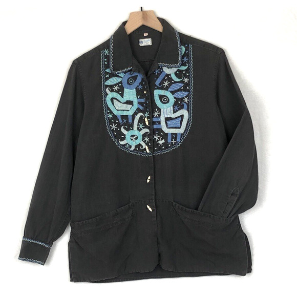 VTG VICKI Hand-Embroidered Mexican Jacket Sz 16 Black Pockets Toggle Folk L/S‎ - Picture 1 of 13